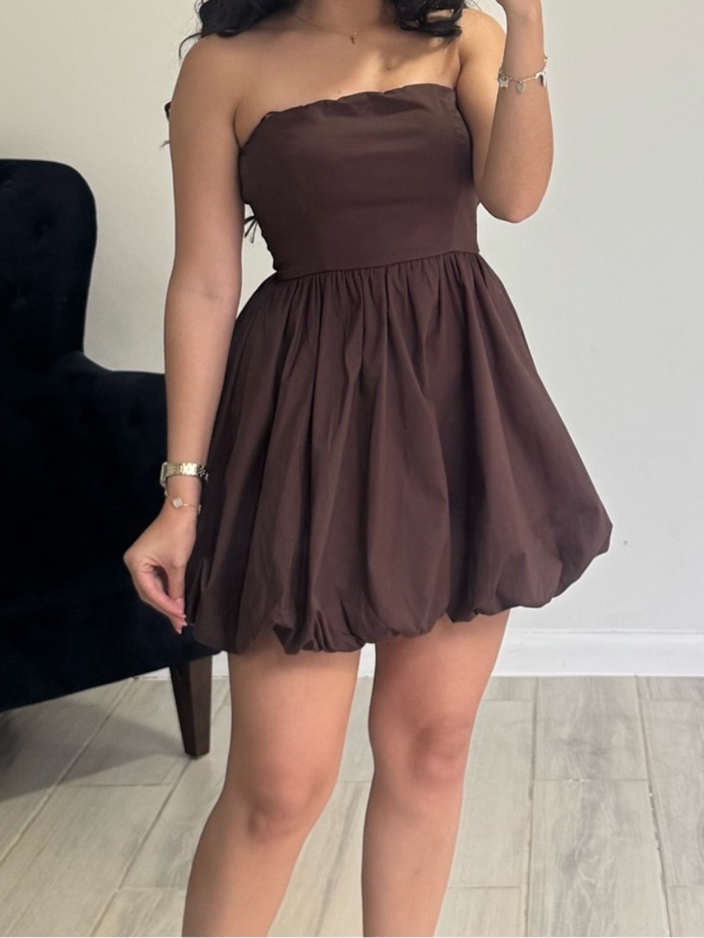 🍀 Brown Bubble Hem Mini Dress